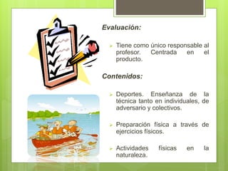 Evaluación:
 Tiene como único responsable al
profesor. Centrada en el
producto.
Contenidos:
 Deportes. Enseñanza de la
técnica tanto en individuales, de
adversario y colectivos.
 Preparación física a través de
ejercicios físicos.
 Actividades físicas en la
naturaleza.
 