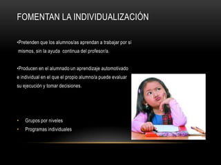 FOMENTAN LA INDIVIDUALIZACIÓN

•Pretenden que los alumnos/as aprendan a trabajar por sí
mismos, sin la ayuda continua del profesor/a.


•Producen en el alumnado un aprendizaje automotivado
e individual en el que el propio alumno/a puede evaluar
su ejecución y tomar decisiones.




•   Grupos por niveles
•   Programas individuales
 