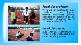Papel del profesor:
Ya no es tan destacado, pues
traslada a los alumnos
algunas decisiones (ritmo,
cadencia de ejecución de los
ejercicios, ubicación en el
terreno, evaluación…)
Papel del alumno:
Más Activo. Comienzan a
tener cierta responsabilidad
como decidir y evaluar.
 