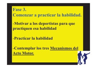 Fase 3.
Comenzar a practicar la habilidad.
-Motivar a los deportistas para que
practiquen esa habilidad
-Practicar la habilidad
-Contemplar los tres Mecanismos del
Acto Motor.
 