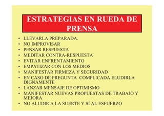 ESTRATEGIAS EN RUEDA DE
PRENSA
• LLEVARLA PREPARADA.
• NO IMPROVISAR
• PENSAR RESPUESTA
• MEDITAR CONTRA-RESPUESTA
• EVITAR ENFRENTAMIENTO
• EMPATIZAR CON LOS MEDIOS
• MANIFESTAR FIRMEZA Y SEGURIDAD
• EN CASO DE PREGUNTA COMPLICADA ELUDIRLA
DIGNAMENTE
• LANZAR MENSAJE DE OPTIMISMO
• MANIFESTAR NUEVAS PROPUESTAS DE TRABAJO Y
MEJORA
• NO ALUDIR A LA SUERTE Y SÍ AL ESFUERZO
 