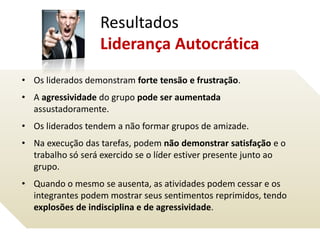 • Os liderados demonstram forte tensão e frustração.
• A agressividade do grupo pode ser aumentada
assustadoramente.
• Os liderados tendem a não formar grupos de amizade.
• Na execução das tarefas, podem não demonstrar satisfação e o
trabalho só será exercido se o líder estiver presente junto ao
grupo.
• Quando o mesmo se ausenta, as atividades podem cessar e os
integrantes podem mostrar seus sentimentos reprimidos, tendo
explosões de indisciplina e de agressividade.
Resultados
Liderança Autocrática
 