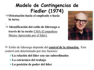 Modelo de Contingencias de
Fiedler (1974)
Orientación hacia el empleado o hacia
la tarea.
.
Identificación del estilo de liderazgo a
través de la escala CMA (Compañero
Menos Apreciado por el líder).
Estilo de liderazgo depende del control de la situación. Este
control está determinado por tres factores:
La relación del líder con sus subordinados
La estructura del trabajo
La posición de poder del líder
 