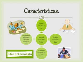 
Características.
Se siente la
mamá de los
"pollitos".
Está aquí y
más allá a la
vez.
No delega
responsabili-
dades.
Es sumamente
desconfiado, solo
él puede hacer
bien las cosas
Ve a los demás como
gente limitada y
Puede resultar
servicial, atento y
amable
 