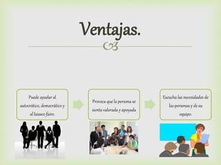 
Ventajas.
Puede ayudar al
autocrático, democrático y
al laissez-faire.
Provoca que la persona se
sienta valorada y apoyada
Escucha las necesidades de
las personas y de su
equipo.
 