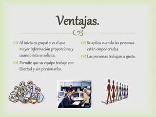 
Ventajas.
 Al inicio es grupal y es el que
mayor información proporciona y
cuando ésta se solicita.
 Permite que su equipo trabaje con
libertad y sin presionarlos.
 Se aplica cuando las personas
están empoderadas.
 Las personas trabajan a gusto.
 