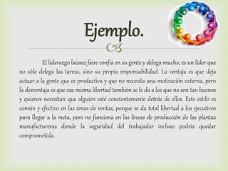 
Ejemplo.
El liderazgo laissez faire confía en su gente y delega mucho, es un líder que
no sólo delega las tareas, sino su propia responsabilidad. La ventaja es que deja
actuar a la gente que es productiva y que no necesita una motivación externa, pero
la desventaja es que esa misma libertad también se le da a los que no son tan buenos
y quienes necesitan que alguien esté constantemente detrás de ellos. Este estilo es
común y efectivo en las áreas de ventas, porque se da total libertad a los ejecutivos
para llegar a la meta, pero no funciona en las líneas de producción de las plantas
manufactureras donde la seguridad del trabajador incluso podría quedar
comprometida.
 