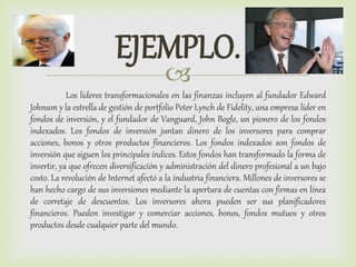 
EJEMPLO.
Los líderes transformacionales en las finanzas incluyen al fundador Edward
Johnson y la estrella de gestión de portfolio Peter Lynch de Fidelity, una empresa líder en
fondos de inversión, y el fundador de Vanguard, John Bogle, un pionero de los fondos
indexados. Los fondos de inversión juntan dinero de los inversores para comprar
acciones, bonos y otros productos financieros. Los fondos indexados son fondos de
inversión que siguen los principales índices. Estos fondos han transformado la forma de
invertir, ya que ofrecen diversificación y administración del dinero profesional a un bajo
costo. La revolución de Internet afectó a la industria financiera. Millones de inversores se
han hecho cargo de sus inversiones mediante la apertura de cuentas con firmas en línea
de corretaje de descuentos. Los inversores ahora pueden ser sus planificadores
financieros. Pueden investigar y comerciar acciones, bonos, fondos mutuos y otros
productos desde cualquier parte del mundo.
 