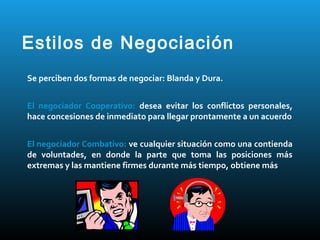 Estilos de Negociación
Se perciben dos formas de negociar: Blanda y Dura.


El negociador Cooperativo: desea evitar los conflictos personales,
hace concesiones de inmediato para llegar prontamente a un acuerdo


El negociador Combativo: ve cualquier situación como una contienda
de voluntades, en donde la parte que toma las posiciones más
extremas y las mantiene firmes durante más tiempo, obtiene más
 