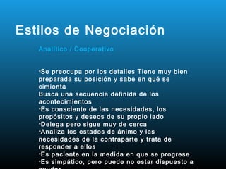 Estilos de Negociación
   Analítico / Cooperativo


   •Se preocupa por los detalles Tiene muy bien
   preparada su posición y sabe en qué se
   cimienta
   Busca una secuencia definida de los
   acontecimientos
   •Es consciente de las necesidades, los
   propósitos y deseos de su propio lado
   •Delega pero sigue muy de cerca
   •Analiza los estados de ánimo y las
   necesidades de la contraparte y trata de
   responder a ellos
   •Es paciente en la medida en que se progrese
   •Es simpático, pero puede no estar dispuesto a
 