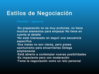 Estilos de Negociación
   Flexible / Agresivo

   •Su preparación no es muy profunda, no tiene
   muchos elementos para empezar No tiene en
   cuenta el detalle
   •No está interesado en seguir una secuencia
   específica
   •Sus metas no son claras, pero posee
   oportunismo para encarrilarlas Delega
   ampliamente
   •Está abierto a contemplar nuevas posibilidades
   •Es impaciente pero con moderación
   •Toma la negociación como un reto personal
 