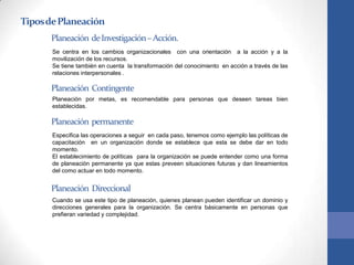 TiposdePlaneación
Planeación deInvestigación–Acción.
Se centra en los cambios organizacionales con una orientación a la acción y a la
movilización de los recursos.
Se tiene también en cuenta la transformación del conocimiento en acción a través de las
relaciones interpersonales .
Planeación Contingente
Planeación por metas, es recomendable para personas que deseen tareas bien
establecidas.
Planeación permanente
Especifica las operaciones a seguir en cada paso, tenemos como ejemplo las políticas de
capacitación en un organización donde se establece que esta se debe dar en todo
momento.
El establecimiento de políticas para la organización se puede entender como una forma
de planeación permanente ya que estas preveen situaciones futuras y dan lineamientos
del como actuar en todo momento.
Planeación Direccional
Cuando se usa este tipo de planeación, quienes planean pueden identificar un dominio y
direcciones generales para la organización. Se centra básicamente en personas que
prefieran variedad y complejidad.
 