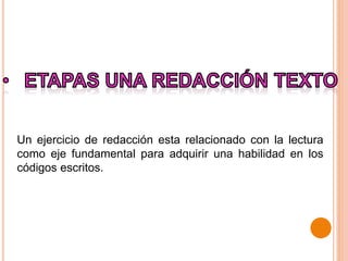 Un ejercicio de redacción esta relacionado con la lectura
como eje fundamental para adquirir una habilidad en los
códigos escritos.
 