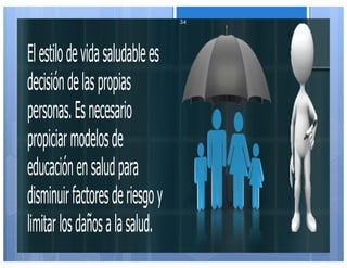 Elestilodevidasaludablees
decisióndelaspropias
personas.Esnecesario
propiciarmodelosde
educaciónensaludpara
disminuirfactoresderiesgoy
limitarlosdañosalasalud.
34
 