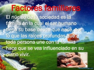 Factores familiares 
El núcleo de la sociedad es la familia en la cual el ser humano tiene su base desde que nace, por lo que las raíces profundas que a toda persona une con la familia hace que se vea influenciado en su diario vivir.  