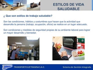 ¿ Que son estilos de trabajo saludable?
Son las condiciones, hábitos y costumbres que hacen que la actividad que
desarrolla la persona (trabajo, ocupación, oficio) se realice en un lugar adecuado.
Son condiciones y medidas de seguridad propias de su ambiente laboral para lograr
un mayor desarrollo y bienestar.
 