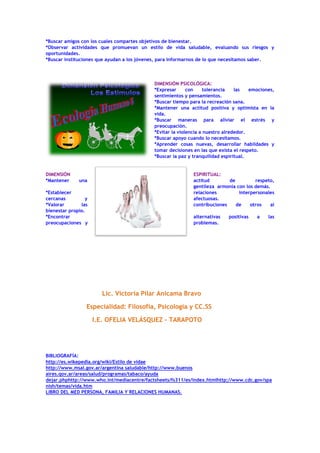 *Buscar amigos con los cuales compartes objetivos de bienestar.
*Observar actividades que promuevan un estilo de vida saludable, evaluando sus riesgos y
oportunidades.
*Buscar instituciones que ayudan a los jóvenes, para informarnos de lo que necesitamos saber.
DIMENSIÓN PSICOLÓGICA:
*Expresar con tolerancia las emociones,
sentimientos y pensamientos.
*Buscar tiempo para la recreación sana.
*Mantener una actitud positiva y optimista en la
vida.
*Buscar maneras para aliviar el estrés y
preocupación.
*Evitar la violencia a nuestro alrededor.
*Buscar apoyo cuando lo necesitamos.
*Aprender cosas nuevas, desarrollar habildades y
tomar decisiones en las que exista el respeto.
*Buscar la paz y tranquilidad espiritual.
DIMENSIÓN ESPIRITUAL:
*Mantener una actitud de respeto,
gentileza armonía con los demás.
*Establecer relaciones interpersonales
cercanas y afectuosas.
*Valorar las contribuciones de otros al
bienestar propio.
*Encontrar alternativas positivas a las
preocupaciones y problemas.
Lic. Victoria Pilar Anicama Bravo
Especialidad: Filosofía, Psicología y CC.SS
I.E. OFELIA VELÁSQUEZ - TARAPOTO
BIBLIOGRAFÍA:
http://es.wikepedia.org/wiki/Estilo de vidae
http://www.msal.gov.ar/argentina saludable/http://www.buenos
aires.qov.ar/areas/salud/programas/tabaco/ayuda
dejar.phphttp://www.who.int/mediacentre/factsheets/fs311/es/index.htmlhttp;//www.cdc.gov/spa
nish/temas/vida.htm
LIBRO DEL MED PERSONA, FAMILIA Y RELACIONES HUMANAS.
 