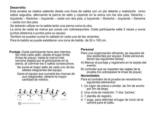Desarrollo:
Esta prueba se realiza saliendo desde una línea de salida con un pie delante y realizando cinco
saltos seguidos, alternando la pierna de salto y cayendo en la arena con los dos pies: Derecha –
Izquierda – Derecha – Izquierda – caída con dos pies, o Izquierda – Derecha – Izquierda – Derecha
– caída con dos pies.
Se deberán utilizar en la salida tanto una pierna como la otra.
La zona de caída se marca por zonas con colores/puntos. Cada participante salta 2 veces y suma
puntos distancia o puntos para su equipo.
También se pueden sumar lo saltado en cada una de las variantes.
Para la batida se puede establecer una zona de batida de 50 x 100 cm.

                                                   Personal
Puntaje :Cada participante tiene dos intentos.     Para una organización eficiente, se requiere de
   Se mide cada salto, desde el lugar límite            dos asistentes por equipo. Estás personas
   (línea de pique), hasta la marca más                 tienen las siguientes tareas:
   cercana dejada por el participante en la
   arena, al culminar los 5 saltos consecutivos.   A) Marcar el puntaje y registrarlo en la tarjeta del
                                                        evento.
     Se suma el mejor salto de cada uno de los
         atletas integrantes del equipo.           B) controlar que se respeten las reglas de la
                                                        prueba (no sobrepasar la línea de pique).
     Gana el equipo que sumada las marcas de
         sus integrantes, obtiene la mayor         Necesidades
         cantidad de metros.                       Para el contralor de la prueba se necesita los
                                                        siguientes elementos:
                                                   1. Un cajón de arena o similar, de 3m de ancho
                                                        por 5m de largo.
                                                   2. Una cinta de medición. Y dos “piches”.
                                                   3. 1 planilla de registro.
                                                   4. 1 soga, para delimitar el lugar de inicio de la
                                                        carrera para el salto.
 