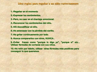 Diez reglas para regañar a un niño correctamente


1.-Regañar en el momento
2.-Expresar los sentimientos.
3.-Pero, no caer en el chantaje emocional.
4.-Reconocer los sentimientos del niño.
5.-NO descalificar al niño.
6.-No amenazar con la pérdida del cariño.
7.-No gritar continuamente por todo
8.-Nunca compararlos con otros, NUNCA..
9.-Evitar frases como "porque lo digo yo", "porque sí" etc...
Utilizar fórmulas de cortesía con sus niños.
10.-No reñir por hábito, utilizar otras fórmulas más positivas para
conseguir lo que queremos
 