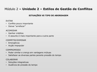 Módulo 2 – Unidade 2 – Estilos de Gestão de ConflitosESTILOS DE GESTÃO vs SITUAÇÕESExemplos de situações em que cada Estilo de Gestão de Conflitos é mais apropriado.Evitamento Assunto pouco importante Deixar “arrefecer”Acomodação Ganhar créditos O assunto é mais importante para a outra parteDominação Emergência Solução impopular é necessáriaCompromisso Poder similar e crença em vantagens mútuas Satisfazer as diversas partes perante prazos apertadosColaboração Necessidade de soluções criativas Assuntos complexos