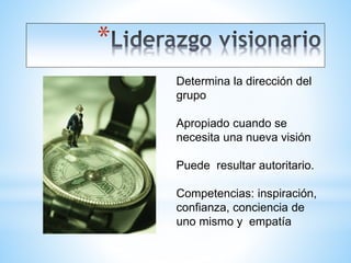 *
Determina la dirección del
grupo
Apropiado cuando se
necesita una nueva visión
Puede resultar autoritario.
Competencias: inspiración,
confianza, conciencia de
uno mismo y empatía
 