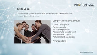 profrandes.com.br
Estilo Social
Personalidade
Comportamento observável
Quieto x Energético
Calmo x Agitado
Voz suave x projetada
Pouco x muito contato visual
Postura casual x rígida
Postura retraída x projetada
O Padrão de comportamento mais evidente e persistente que uma
pessoa demonstra a outra.
 