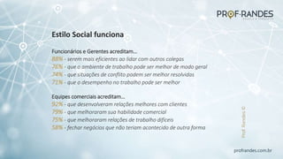 profrandes.com.br
Estilo Social funciona
Funcionários e Gerentes acreditam…
88% - serem mais eficientes ao lidar com outros colegas
76% - que o ambiente de trabalho pode ser melhor de modo geral
74% - que situações de conflito podem ser melhor resolvidas
71% - que o desempenho no trabalho pode ser melhor
Equipes comerciais acreditam…
92% - que desenvolveram relações melhores com clientes
79% - que melhoraram sua habilidade comercial
75% - que melhoraram relações de trabalho difíceis
58% - fechar negócios que não teriam acontecido de outra forma
 