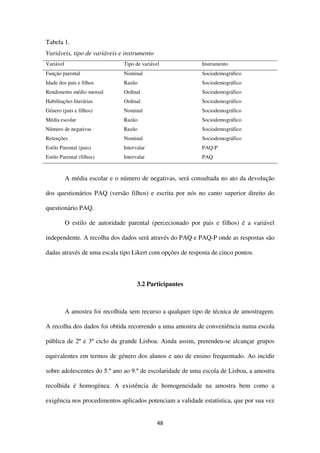 48
Tabela 1.
Variáveis, tipo de variáveis e instrumento
Variável Tipo de variável Instrumento
Função parental Nominal Sociodemográfico
Idade dos pais e filhos Razão Sociodemográfico
Rendimento médio mensal Ordinal Sociodemográfico
Habilitações literárias Ordinal Sociodemográfico
Género (pais e filhos) Nominal Sociodemográfico
Média escolar Razão Sociodemográfico
Número de negativas Razão Sociodemográfico
Retenções Nominal Sociodemográfico
Estilo Parental (pais) Intervalar PAQ-P
Estilo Parental (filhos) Intervalar PAQ
A média escolar e o número de negativas, será consultada no ato da devolução
dos questionários PAQ (versão filhos) e escrita por nós no canto superior direito do
questionário PAQ.
O estilo de autoridade parental (percecionado por pais e filhos) é a variável
independente. A recolha dos dados será através do PAQ e PAQ-P onde as respostas são
dadas através de uma escala tipo Likert com opções de resposta de cinco pontos.
3.2 Participantes
A amostra foi recolhida sem recurso a qualquer tipo de técnica de amostragem.
A recolha dos dados foi obtida recorrendo a uma amostra de conveniência numa escola
pública de 2º e 3º ciclo da grande Lisboa. Ainda assim, pretendeu-se alcançar grupos
equivalentes em termos de género dos alunos e ano de ensino frequentado. Ao incidir
sobre adolescentes do 5.º ano ao 9.º de escolaridade de uma escola de Lisboa, a amostra
recolhida é homogénea. A existência de homogeneidade na amostra bem como a
exigência nos procedimentos aplicados potenciam a validade estatística, que por sua vez
 