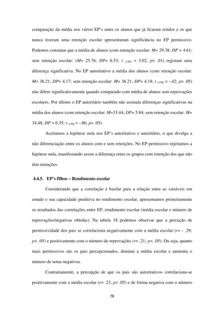 78
comparação da média nos vários EP’s entre os alunos que já ficaram retidos e os que
nunca tiveram uma retenção escolar apresentaram significância no EP permissivo.
Podemos constatar que a média de alunos (com retenção escolar: M= 29.38; DP = 4.61;
sem retenção escolar: (M= 25.76; DP= 6.53; t (150) = 3.02; p< .01) registam uma
diferença significativa. No EP autoritativo a média dos alunos (com retenção escolar:
M= 36.21; DP= 4.17; sem retenção escolar: M= 36.21; DP= 4.18; t (150) = -.42; p> .05)
não difere significativamente quando comparado com média de alunos sem reprovações
escolares. Por último o EP autoritário também não assinala diferenças significativas na
média dos alunos (com retenção escolar: M=33.44; DP= 5.84; sem retenção escolar: M=
34.48; DP = 6.35; t (150) = -.86; p> .05).
Aceitamos a hipótese nula nos EP’s autoritativo e autoritário, o que divulga a
não diferenciação entre os alunos com e sem retenções. No EP permissivo rejeitamos a
hipótese nula, manifestando assim a diferença entre os grupos com retenção dos que não
têm retenções.
4.4.5. EP’s filhos – Rendimento escolar
Considerando que a correlação é basilar para a relação entre as variáveis em
estudo e sua capacidade preditiva no rendimento escolar, apresentamos primeiramente
os resultados das correlações entre EP, rendimento escolar (média escolar e número de
reprovações/negativas obtidas). Na tabela 18 podemos observar que a perceção de
permissividade dos pais se correlaciona negativamente com a média escolar (r= - .29;
p< .05) e positivamente com o número de reprovações (r= .21; p< .05). Ou seja, quanto
mais permissivos são os pais percepcionados, diminui a média escolar e aumenta o
número de notas negativas.
Contrariamente, a percepção de que os pais são autoritativos correlaciona-se
positivamente com a média escolar (r= .23, p< .05) e de forma negativa com o número
 