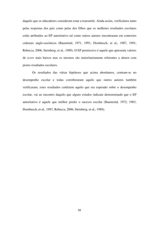 92
daquilo que os educadores consideram estar a transmitir. Ainda assim, verificámos tanto
pelas respostas dos pais como pelas dos filhos que os melhores resultados escolares
estão atribuídos ao EP autoritativo tal como outros autores encontraram em contextos
culturais anglo-saxónicos (Baumrind, 1971, 1991; Dornbusch, et al., 1987, 1991;
Rebecca, 2006; Steinberg, et al., 1989). O EP permissivo é aquele que apresenta valores
de score mais baixos mas os mesmos são maioritariamente referentes a alunos com
piores resultados escolares.
Os resultados das várias hipóteses que acima abordamos, centram-se no
desempenho escolar e todas corroboraram aquilo que outros autores também
verificaram, estes resultados conferem aquilo que era esperado sobre o desempenho
escolar, vai ao encontro daquilo que alguns estudos indicam demonstrando que o EP
autoritativo é aquele que melhor prediz o sucesso escolar (Baumrind, 1972, 1983;
Dornbusch, et al., 1987; Rebecca, 2006; Steinberg, et al., 1989).
 