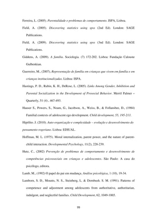 99
Ferreira, L. (2005). Parentalidade e problemas de comportamento. ISPA, Lisboa.
Field, A. (2005). Discovering statistics using spss (2nd Ed). London: SAGE
Publications.
Field, A. (2009). Discovering statistics using spss (3nd Ed). London: SAGE
Publications.
Giddens, A. (2009). A família. Sociologia. (7) 172-202. Lisboa: Fundação Calouste
Gulbenkian.
Guerreiro, M., (2007), Representação de família em crianças que vivem em família e em
crianças institucionalizadas. Lisboa: ISPA.
Hastings, P. D., Rubin, K. H., DeRose, L. (2005). Links Among Gender, Inhibition and
Parental Socialization in the Development of Prosocial Behavior. Merril Palmer –
Quarterly, 51 (4) , 467-493.
Hauser S., Powers, S., Noam, G., Jacobson, A., Weiss, B., & Follansbee, D., (1984)
Familial contexts of adolescent ego development. Child development, 55, 195-213.
Hipólito. J. (2010). Auto-organização e complexidade – evolução e desenvolvimento do
pensamento rogeriano. Lisboa: EDIUAL.
Hoffman, M. L. (1975). Moral internalization, parent power, and the nature of parent-
child interaction. Developmental Psychology, 11(2), 228-239.
Hutz, C., (2002) Prevenção de problemas de comportamento e desenvolvimento de
competências psicossociais em crianças e adolescentes. São Paulo: A casa do
psicólogo, editora.
Lamb, M., (1992) O papel do pai em mudança. Análise psicológica, 1 (10), 19-34.
Lamborn, S. D., Mounts, N. S., Steinberg, L. & Dornbush. S. M. (1991). Patterns of
competence and adjustment among adolescents from authoritative, authoritarian,
indulgent, and neglectful families. Child Development, 62, 1049-1065.
 