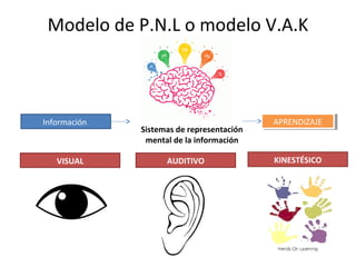 Modelo de P.N.L o modelo V.A.K 
Información 
Sistemas de representación 
mental de la información 
AAPPRREENNDDIZIZAAJJEE 
VISUAL AUDITIVO KINESTÉSICO 
 