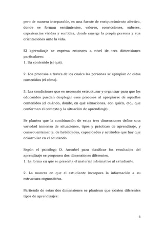 pero de manera inseparable, es una fuente de enriquecimiento afectivo,
donde   se      forman   sentimientos,   valores,   convicciones,   saberes,
experiencias vividas y sentidas, donde emerge la propia persona y sus
orientaciones ante la vida.


El aprendizaje se expresa entonces a nivel de tres dimensiones
particulares:
1. Su contenido (el qué).


2. Los procesos a través de los cuales las personas se apropian de estos
contenidos (el cómo).


3. Las condiciones que es necesario estructurar y organizar para que los
educandos puedan desplegar esos procesos al apropiarse de aquellos
contenidos (el cuándo, dónde, en qué situaciones, con quién, etc., que
conforman el contexto y la situación de aprendizaje).


Se plantea que la combinación de estas tres dimensiones define una
variedad inmensa de situaciones, tipos y prácticas de aprendizaje, y
consecuentemente, de habilidades, capacidades y actitudes que hay que
desarrollar en el educando.


Según el psicólogo D. Ausubel para clasificar los resultados del
aprendizaje se proponen dos dimensiones diferentes.
1. La forma en que se presenta el material informativo al estudiante.


2. La manera en que el estudiante incorpora la información a su
estructura cognoscitiva.


Partiendo de estas dos dimensiones se plantean que existen diferentes
tipos de aprendizajes:




                                                                           5
 