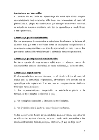 Aprendizaje por recepción:
El alumno en su tarea se aprendizaje no tiene que hacer ningún
descubrimiento independiente, sólo tiene que internalizar el material
presentado. El propio Ausubel explica que el mayor número del material
de estudio se adquiere mediante este tipo de aprendizaje y puede llegar
a ser significativo.


Aprendizaje por descubrimiento:
En este caso no se le suministra al estudiante lo relevante de la tarea al
alumno, sino que este lo descubre antes de incorporar lo significativo a
su estructura cognoscitiva, este tipo de aprendizaje permite resolver los
problemas cotidianos y facilitar que el contenido resulte significativo.


Aprendizaje por repetición o memorístico:
La tarea consta de asociaciones arbitrarias, el alumno carece de
conocimientos previos, internaliza de modo mecánico, al pie de la letra.


Aprendizaje significativo:
El alumno relaciona sustancialmente, no al pie de la letra, el material
nuevo con su estructura cognoscitiva, obviamente este resulta ser el
aprendizaje más importante. A su vez para su comprensión se divide en
tres tipos fundamentales:
1. Por representaciones: adquisición de vocabulario previa a la
formación de conceptos y posterior a esta.


2. Por conceptos: formación y adquisición de conceptos.


3. Por proposiciones: a partir de conceptos preexistentes.


Todas las personas tienen potencialidades para aprender, sin embargo
se diferencian sustancialmente, incluso cuando están sometidas a las
mismas influencias (familia, escuela, profesor), ¿A qué se debe esto?



                                                                           6
 