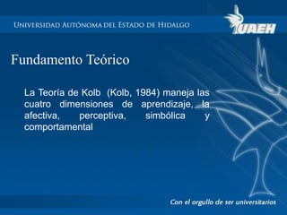 Fundamento Teórico 
La Teoría de Kolb (Kolb, 1984) maneja las 
cuatro dimensiones de aprendizaje, la 
afectiva, perceptiva, simbólica y 
comportamental 
 
