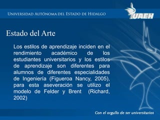 Estado del Arte 
Los estilos de aprendizaje inciden en el 
rendimiento académico de los 
estudiantes universitarios y los estilos 
de aprendizaje son diferentes para 
alumnos de diferentes especialidades 
de Ingeniería (Figueroa Nancy, 2005), 
para esta aseveración se utilizo el 
modelo de Felder y Brent (Richard, 
2002) 
 