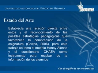 Estado del Arte 
Establecía una relación directa entre 
estos y el reconocimiento de las 
posibles estrategias pedagógicas que 
favorezcan la comprensión de la 
asignatura (Correa, 2006), para este 
trabajo se tomo el modelo Honey Alonso 
y el cuestionario CHAEA como 
instrumento para recabar de la 
información de los alumnos 
 