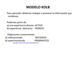 MODELO KOLB
Para aprender debemos trabajar o procesar la información que
recibimos.
Podemos partir de:
a) una experiencia directa: ACTIVO
b) experiencia abstracta: TEÓRICO
Elaboramos conocimiento:
a) reflexionando: REFLEXIVO
b) experimentando PRÁGMATICO
http://galeon.com/aprenderaaprender/Kolb/kolb.htm
 