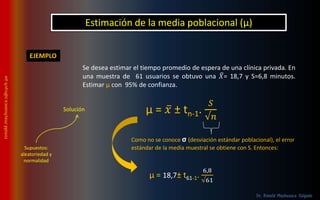 Se desea estimar el tiempo promedio de espera de una clínica privada. En
una muestra de 61 usuarios se obtuvo una 𝑋= 18,7 y S=6,8 minutos.
Estimar μ con 95% de confianza.
EJEMPLO
Estimación de la media poblacional (μ)
Solución
Como no se conoce σ (desviación estándar poblacional), el error
estándar de la media muestral se obtiene con S. Entonces:Supuestos:
aleatoriedad y
normalidad
μ = 𝑥 ± tn-1.
𝑆
√𝑛
μ = 18,7± t61-1.
6,8
√61
 