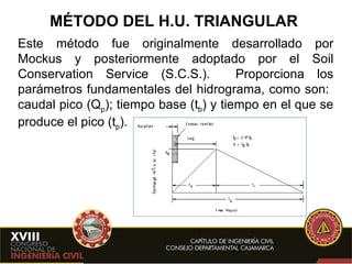 MÉTODO DEL H.U. TRIANGULAR Este método fue originalmente desarrollado por Mockus y posteriormente adoptado por el Soil Conservation Service (S.C.S.).  Proporciona los parámetros fundamentales del hidrograma, como son:  caudal pico (Q p ); tiempo base (t b ) y tiempo en el que se produce el pico (t p ). 