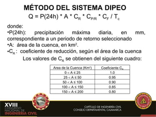 MÉTODO DEL SISTEMA DIPEO Q = P(24h) * A * C R  * C P/R  * C F  / T c donde: P(24h): precipitación máxima diaria, en mm, correspondiente a un periodo de retorno seleccionado A:  área de la cuenca, en km 2 . C R  :  coeficiente de reducción, según el área de la cuenca Los valores de C R  se obtienen del siguiente cuadro:  Area de la Cuenca (Km 2 ) Coeficiente C R 0    A ≤ 25 1.0 25    A ≤ 50 0.95 50    A ≤ 100 0.90 100    A ≤ 150 0.85 150    A ≤ 200 0.80 