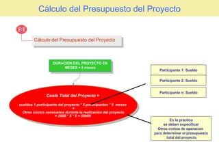 Cálculo del Presupuesto del Proyecto Cálculo del Presupuesto del Proyecto 8 Costo Total del Proyecto =  sueldos 1 participante del proyecto * 5 participantes * 5  meses  + Otros costos necesarios durante la realización del proyecto = 2000 * 5 * 5 = 50000  DURACIÓN DEL PROYECTO EN MESES = 5 meses Participante 1: Sueldo Participante 2: Sueldo Participante n: Sueldo En la práctica se deben especificar  Otros costos de operación  para determinar el presupuesto total del proyecto 