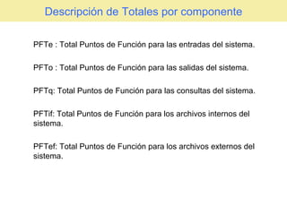 Descripción de Totales por componente PFTe : Total Puntos de Función para las entradas del sistema. PFTo : Total Puntos de Función para las salidas del sistema. PFTq: Total Puntos de Función para las consultas del sistema. PFTif: Total Puntos de Función para los archivos internos del sistema. PFTef: Total Puntos de Función para los archivos externos del sistema. 