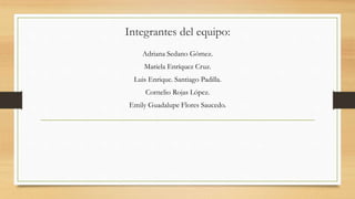 Integrantes del equipo:
Adriana Sedano Gómez.
Mariela Enríquez Cruz.
Luis Enrique. Santiago Padilla.
Cornelio Rojas López.
Emily Guadalupe Flores Saucedo.
 