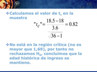 Calculamos el valor de tc en la
 muestra
                     18.5  18
             "tc "             0.82
                        3.6
                       36  1
No está en la región crítica (no es
 mayor que 1,69), por tanto no
 rechazamos H0, concluimos que la
 edad histórica de ingreso se
 mantiene.
 