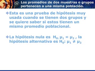 Los promedios de dos muestras o grupos
       pertenecen a una misma población.

Esta es una prueba de hipótesis muy
 usada cuando se tienen dos grupos y
 se quiere saber si estos tienen un
 mismo promedio poblacional.

La hipótesis nula es H0: µ1 = µ2 , la
 hipótesis alternativa es H0: µ1 ≠ µ2
 