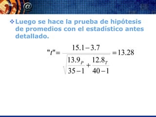 Luego se hace la prueba de hipótesis
 de promedios con el estadístico antes
 detallado.
                    15.1  3.7
          " t"                     13.28
                   13.9 P 12.8T
                         
                   35  1 40  1
 