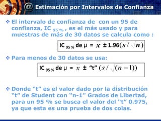 Estimación por Intervalos de Confianza

 El intervalo de confianza de con un 95 de
  confianza, IC 95 % , es el más usado y para
  muestras de más de 30 datos se calcula como :
                   IC 95 % de μ = x ± 1.96( s /   n)
 Para menos de 30 datos se usa:
           IC 95 % de μ = x ± “t” ( s /   (n  1))


 Donde “t” es el valor dado por la distribución
  “t” de Student con “n-1” Grados de Libertad,
  para un 95 % se busca el valor del “t” 0.975,
  ya que esta es una prueba de dos colas.
 