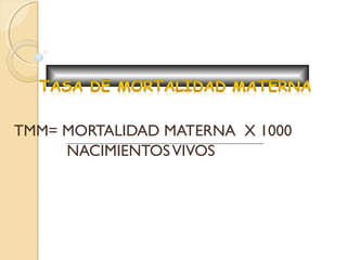 TMM= MORTALIDAD MATERNA X 1000
NACIMIENTOSVIVOS
 