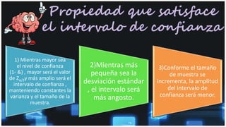 1) Mientras mayor sea
el nivel de confianza
(1- &) , mayor será el valor
de Zα/2y más amplio será el
intervalo de confianza ,
manteniendo constantes la
varianza y el tamaño de la
muestra.
2)Mientras más
pequeña sea la
desviación estándar
, el intervalo será
más angosto.
3)Conforme el tamaño
de muestra se
incrementa, la amplitud
del intervalo de
confianza será menor.
 